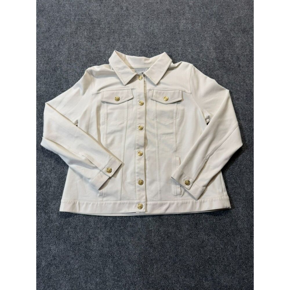 Susan Graver Women L Ivory Faux Leather Moto Jacket Gold Button Utility QVC